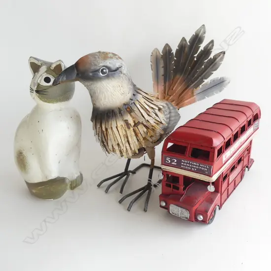 3 ITEMS; RED DOUBLE DECKER BUS L.205mm, PAINTED WOODEN CAT, METAL BIRD L.350mm