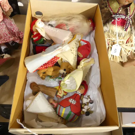 BOX ASST MINIATURE FELT DOLLS, CLOTH & WOODEN ANGELS ETC..
