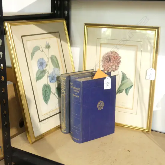 3 VINTAGE BOTANICAL PRINTS & 3 OLD BOOKS INCL TENNYSON'S POEMS