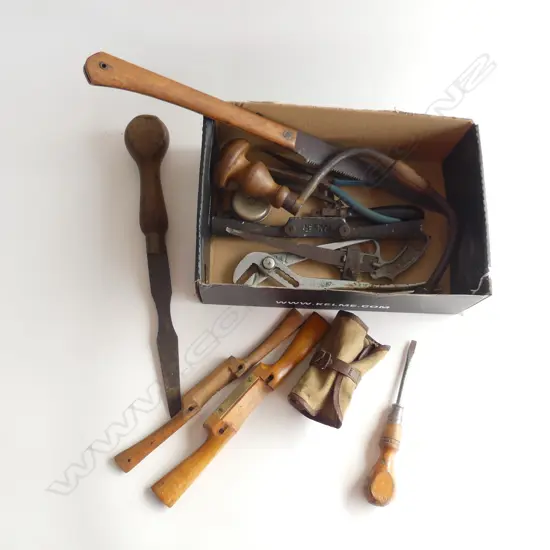BOX LOT OLD TOOLS, SPOKES, SHAVES, SAW, SCREWDRIVER ETC..