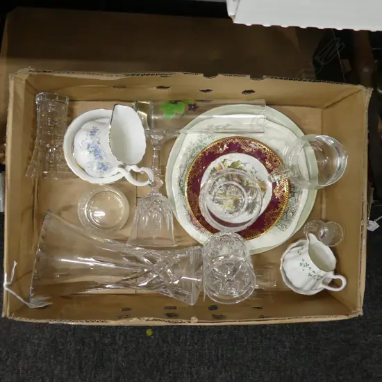 BOX LOT ASST CUT CRYSTAL GLASSES, VASES ETC.. PLUS CHINA INCL ROYAL ALBERT