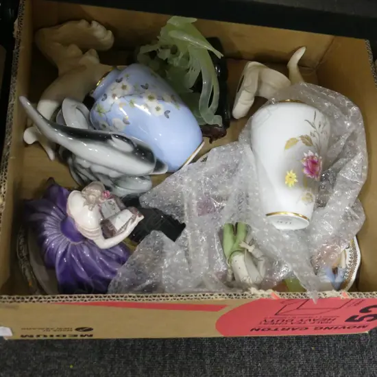 BOX LOT ASST. CHINA; CAPODIMONTE FIGURINE AF, CHRYSOPRASE JADE, DOLPHINS ETC