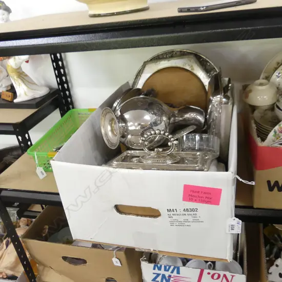 BOX LOT ASST. SILVER PLATE; BREAD BOARDS, VEGETABLE DISHES ETC