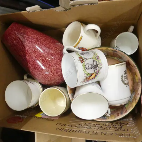 BOX LOT ASST. CHINA; ROYAL CUPS, DOULTON BOWL, RED VASE ETC