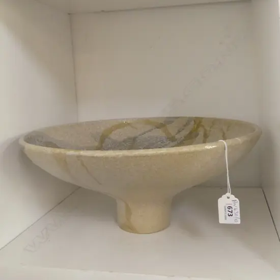 STUDIO POTTERY LGE FOOTED BOWL w. DRIBBLE GLAZE 360mm dia