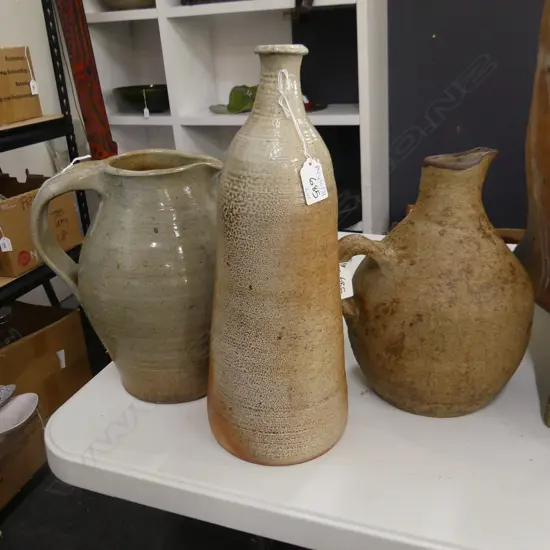 3 PCES STUDIO POTTERY; 2 JUGS + TALL SALT GLAZED VASE H.370mm