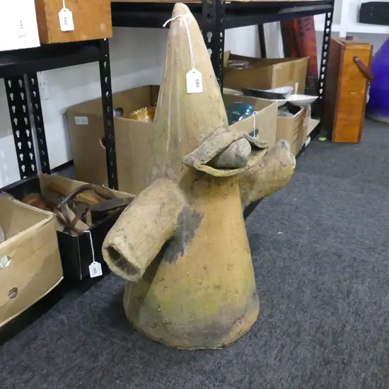 STUDIO POTTERY UNGLAZED SCULPTURE - CONE w. 2 ARMS AND EYE H.