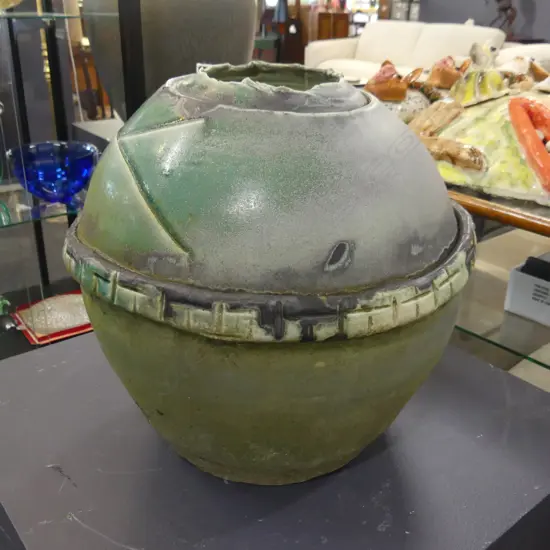 STUDIO POTTERY GREEN GLAZED POT H.320mm