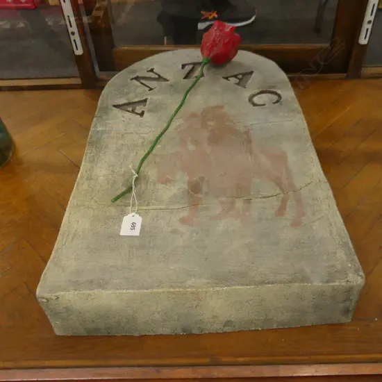 CERAMIC 'ANZAC' GRAVE STONE w. RED POPPY H.570mm