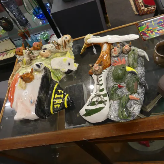 2 STUDIO POTTERY WALL MOUNTING ARTWORKS; AUSTRALIAN ANIMAL THEME / FIRE MAN 500x550mm & 550x400mm