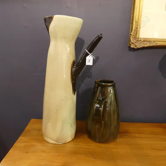 2 GLAZED STUDIO POTTERY JUGS; TALLEST CRACKED TO BASE H.500mm