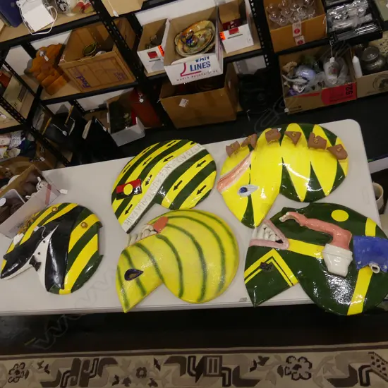 5 STUDIO POTTERY WALL MOUNTING ARTWORKS; AUSTRALIAN RUGBY THEMED '1973 ADVANCE AUSTRALIA FAIR' 430x550mm 