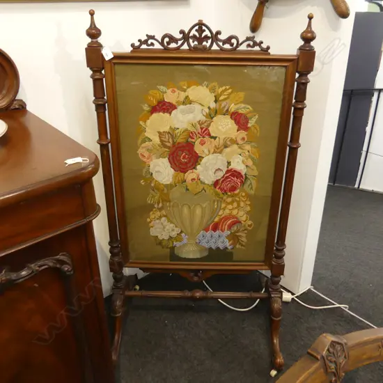 VICTORIAN NEEDLEWORK BOUQUET FIRESCREEN H.1230mm