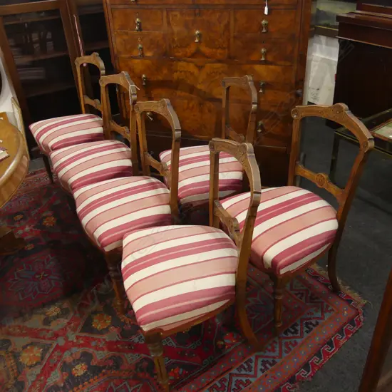 6 EDWARDIAN DINING CHAIRS w. PINK STRIPE SEATS