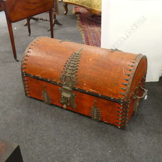 ISLAMIC LAC WORK DOME LIDDED TREASURE CHEST BRASS BOUND  WITH KEY 900MM L 420H