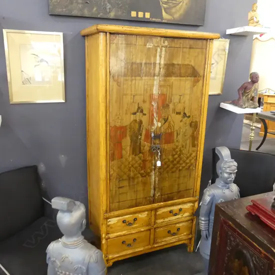 TALL ORIENTAL CABINET; 2 DOORS ABOVE 4 DRAWERS some loss to glaze 825x500x1705mm