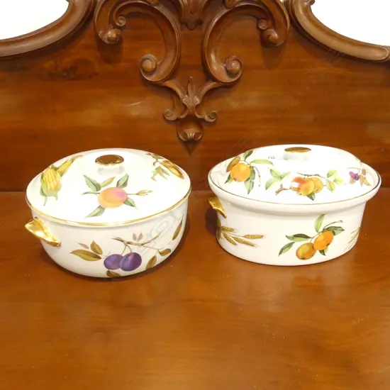 2 ROYAL WORCESTER EVESHAM LIDDED TUREENS; OVAL & CIRCULAR 215mm dia