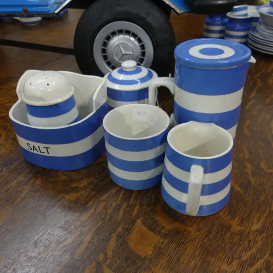 6 PCES CORNISHWARE - ALL EARLY GREEN LABEL - SUGAR SIFTER, SALT PIG, 2 JUGS, 2 CONTAINERS