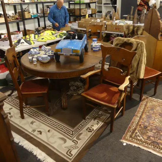 EARLY 20thC OAK DINING TABLE w. 4 LEAVES + 6 CHAIRS...
