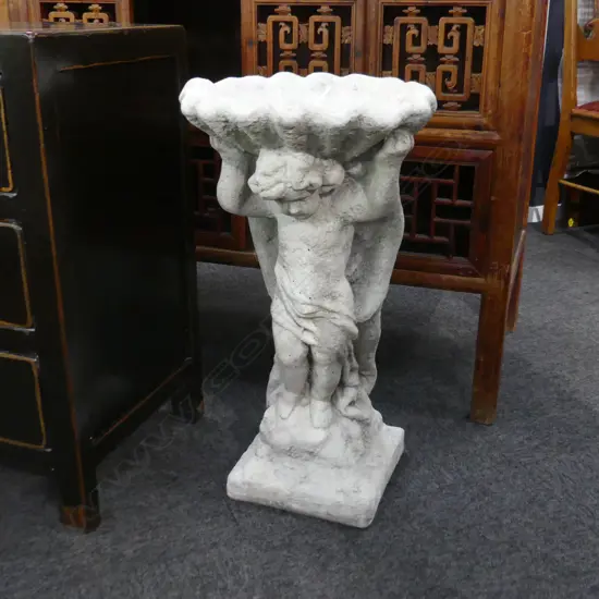 CONCRETE GARDEN STATUE ANGEL WITH SHELL BIRD BATH H.660mm