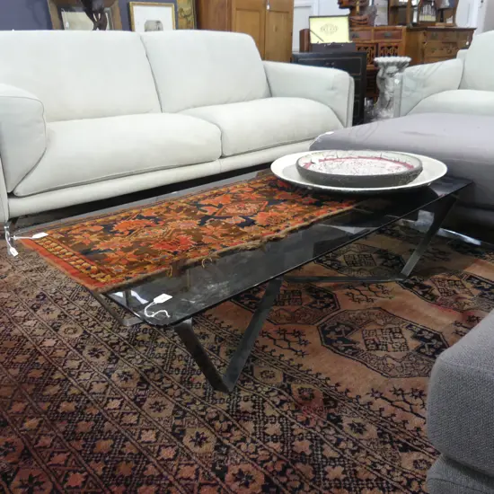 MODERN COFFEE TABLE; CHROME BASE w. BLACK GLASS TOP 1350x700mm