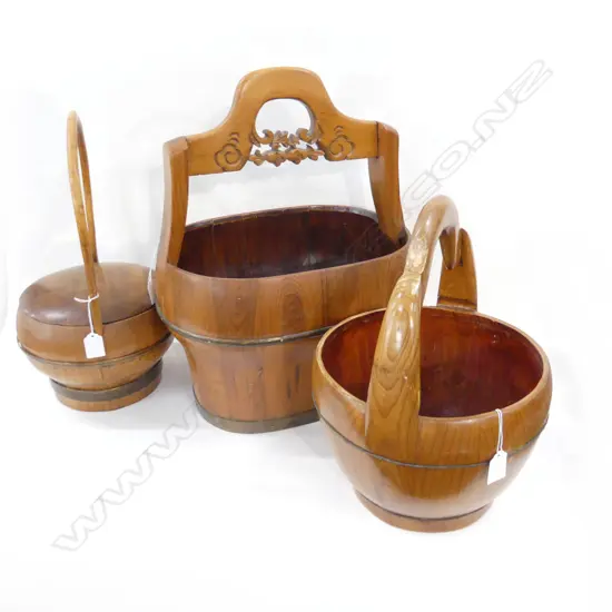 3 VINTAGE WOODEN & BRASS BASKETS (PHILIPPINES) , 1  WITH LID, 1 WITH CARVED HANDLE (H520MM)