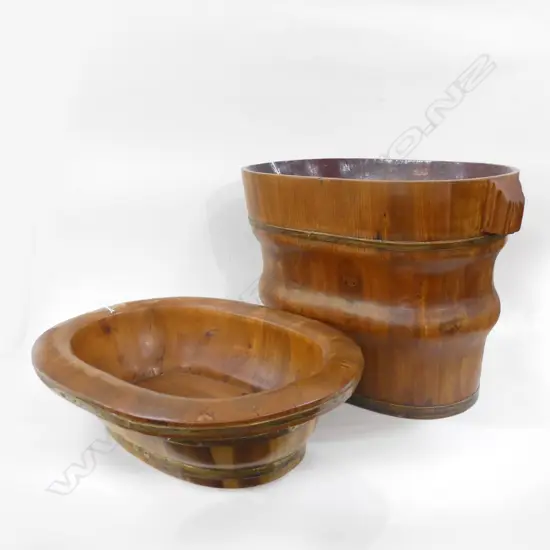 LG VINTAGE WOOD & BRASS BARREL STYLE POT (H360MM) + LG BOWL( L500 X 365MM) (PHILIPPINES)