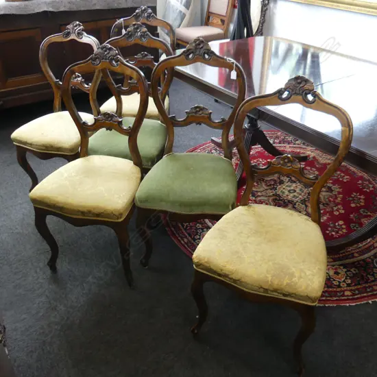 6 19thC EUROPEAN BALLOON BACK CHAIRS; 4x GOLD JACQUARD FABRIC 2x GREEN VELVET