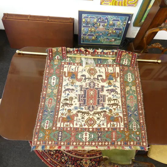 HAND KNOTTED SOUMAK FLAT WEAVE PICTORIAL TENT HANGING w. BRASS RAIL 1150x1030mm