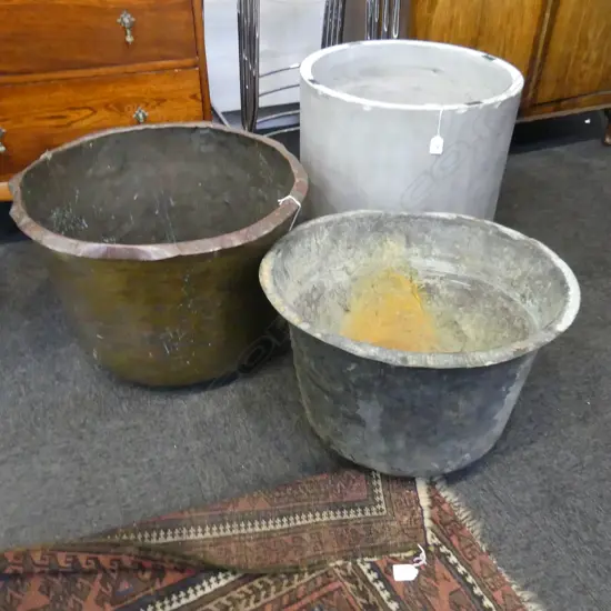 LG OLD COPPER PLANTER POT (580 X 370MM + 1 OTHER LG METAL POT 