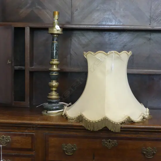 GREEN MARBLE & BRASS TABLE LAMP BASE H. 660MM + LG OLD LAMP SHADE (A/F) DIA 580MM H.350mm