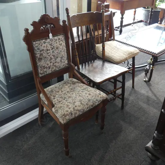 3 CHAIRS. ONE EDWARDIAN CEDAR UPHOLSTERED. 2 COTTAGE BEECH ONE SPINDLE BACKED .