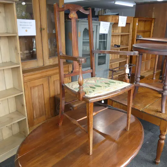 EDWARDIAN MAHOGANY CARVER CHAIR. ARTS & CRAFTS INLAY.SCROLL ARMS.LIBERTY TYPE UPHOLSTERY.H.1040