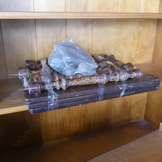 3 LEVEL MAHOGANY WHATNOT IN PARTS. 8 TURNINGS AND 3 SHELVES.