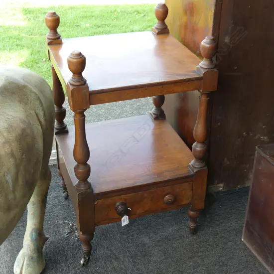 SMALL TWO LEVEL TABLEAU. WALNUT CONSTRUCTION . POSSIBLE CUT DOWN WHATNOT. FRIEZE DRAWER WITH WOODEN KNOBS .H.730mm