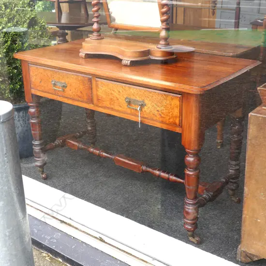 COLONIAL KAURI TURNED LEG HALL TABLE. BURR TOTARA FRONTED DRAWERS. ON TURNED LEGS & STRETCHER. H. 785mm L .1220mm