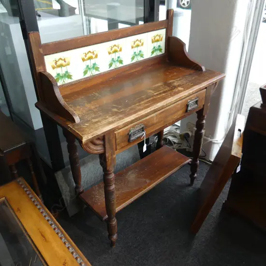 COLONIAL KAHIKATEA WASHSTAND. 5 TILE SPLASHBACK  OVER SINGLE FRIEZE DRAWER.H 1000mm W. 850mm. NOTE SOME BORER 