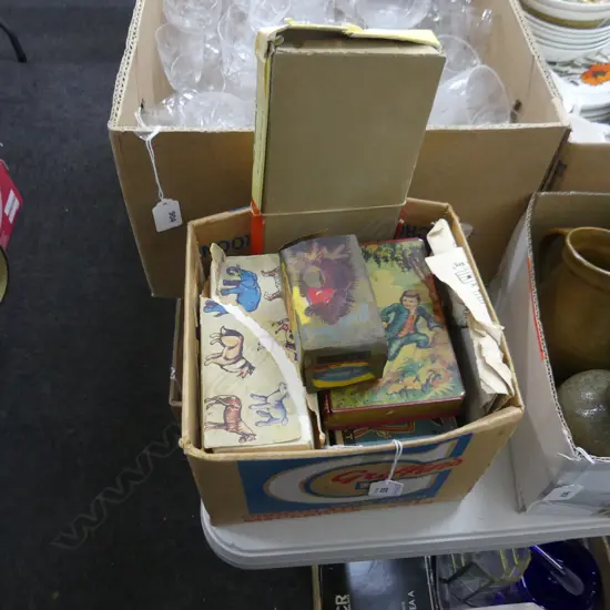 SM BOX VINTAGE MISC TOYS INCL DOMINOES, ETC..