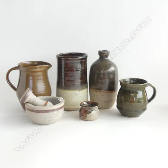 6 PCS ASST NZ POTTERY; MORTAR & PESTLE, CARAFE, VASE, JUG, BOWL, MUG - MAKERS UNKNOWN