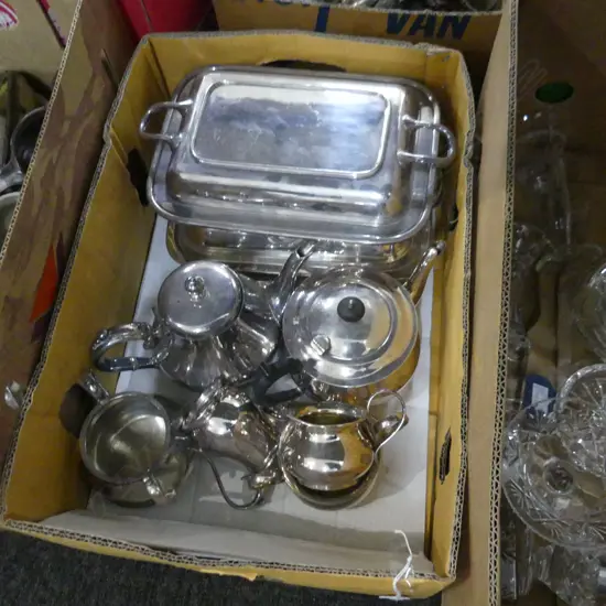 BOX LOT SILVER PLATE; 2 TUREENS & 2 TEA SETS 