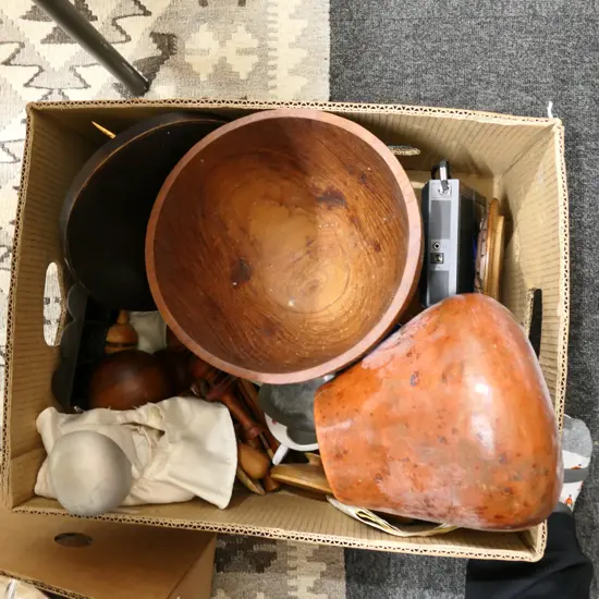 BOX LOT ASST. TREEN, PIERROT CLOWN DOLL, CERAMICS ETC