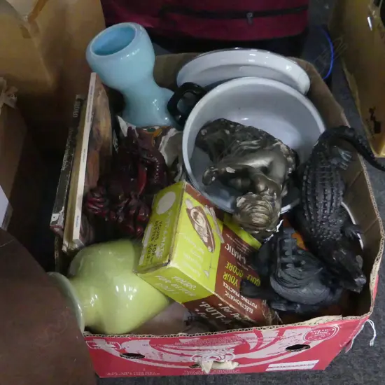 BOX LOT ASST. PCES.; PRINCESS BLANKET, RESIN FIGURE / ANIMALS, BOOKS ETC