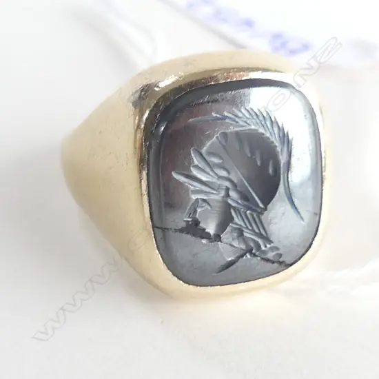 9CT GOLD & HEMETITE (A F) MENS SIGNET RING 8.28GMS
