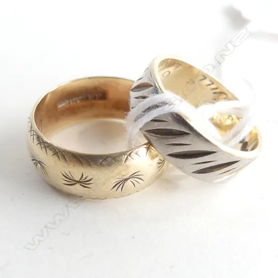 2 LADIES RINGS; 9CT GOLD BANDS 1 WITH A WHITE OVERLAY ON BAND 8.3GMS