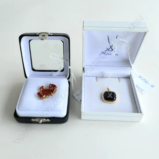 GERMAN MEISSEN GOLD PLATED PENDANT, IN ORIGINAL BOX, PLUS RED ENAMEL & GOLD TONE CRAB PENDANT, IN BOX