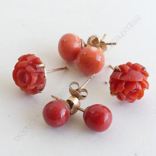 (0607) 3 PRS CORAL STUD EARRINGS GOLD POSTS some butterflies absent