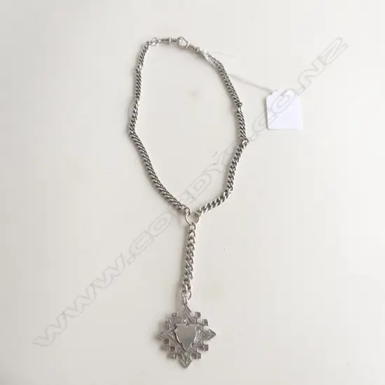 HEAVY EDWARDIAN STG SILVER FOB CHAIN & MEDAL 37.8 GRAMS