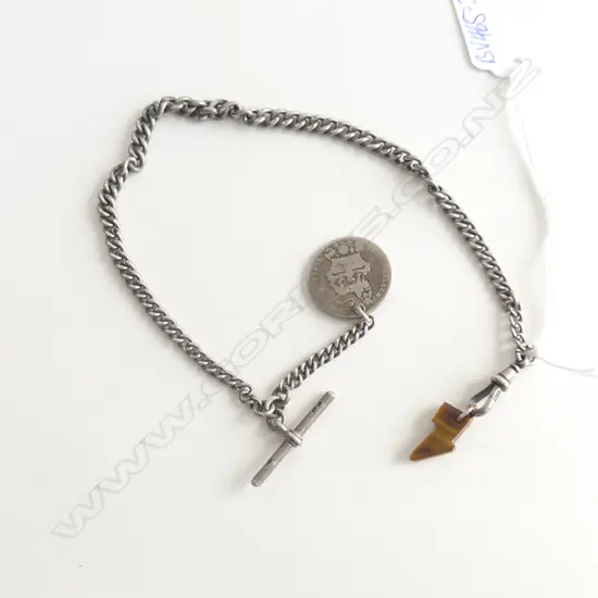 ANTIQUE FOB CHAIN GRADUATED CURB LINK W COIN L.300mm