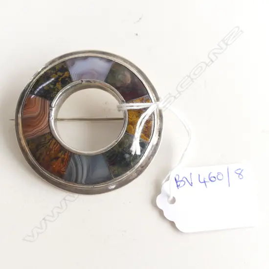 LG CIRCULAR SCOTTISH SILVER & AGATE BROOCH DIA 55MM