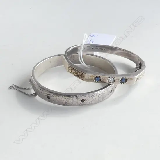 (0358) 2 SILVER ENGRAVED GEM SET HALF HINGED BANGLES